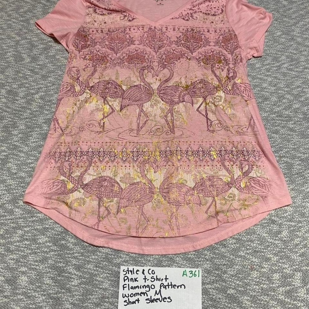 Style & co pink t- shirt flamingo pattern women M short sleeves. SKU-A361